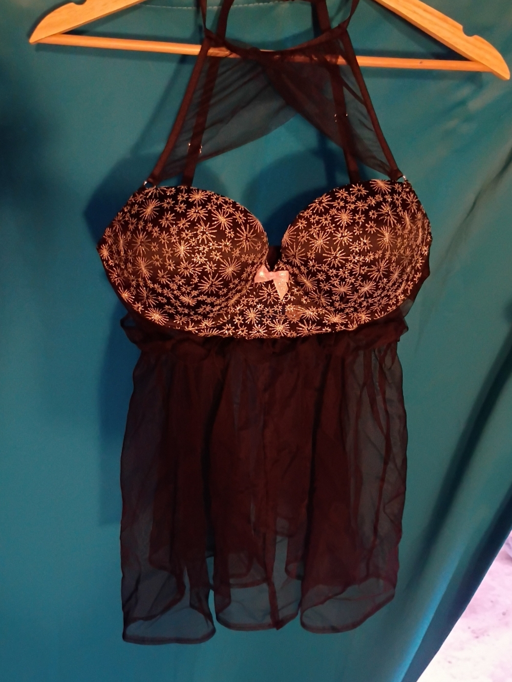 Victoria's Secret Black Sheer Babydoll with White Starburst Cups